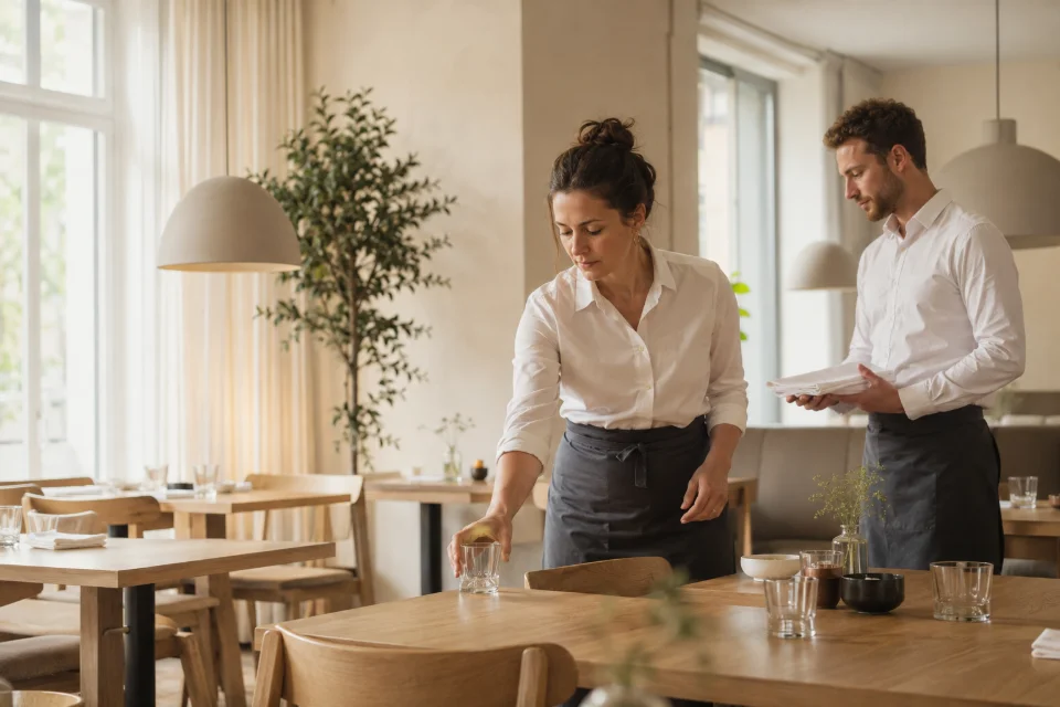 Zwei Servicekräfte bereiten die Tische eines Restaurants vor.