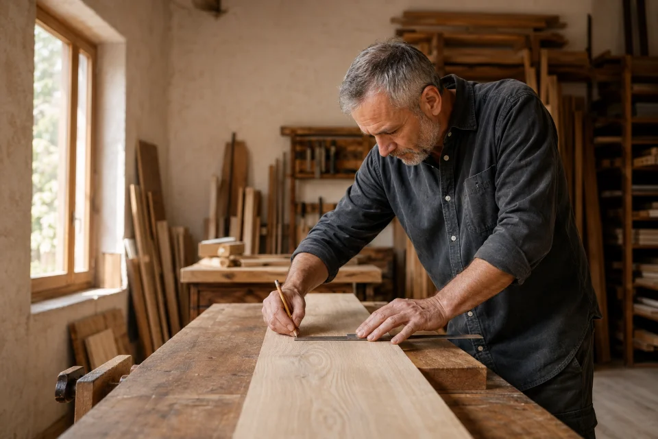 Ein Handwerker misst und markiert ein Holzbrett auf einer Werkbank.