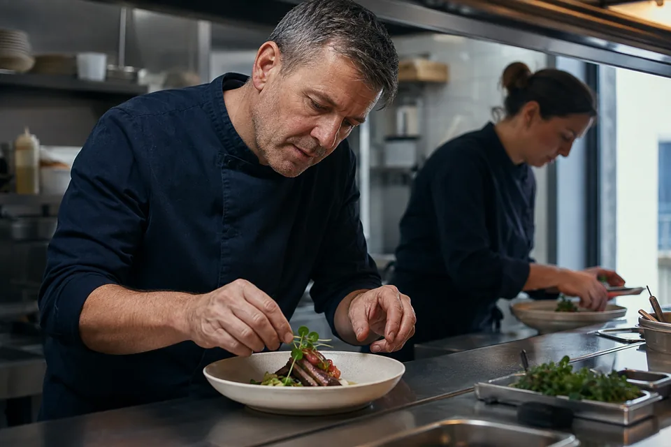 Ein Koch richtet in einer Restaurantküche einen Teller an, dahinter eine zweite Küchenkraft.