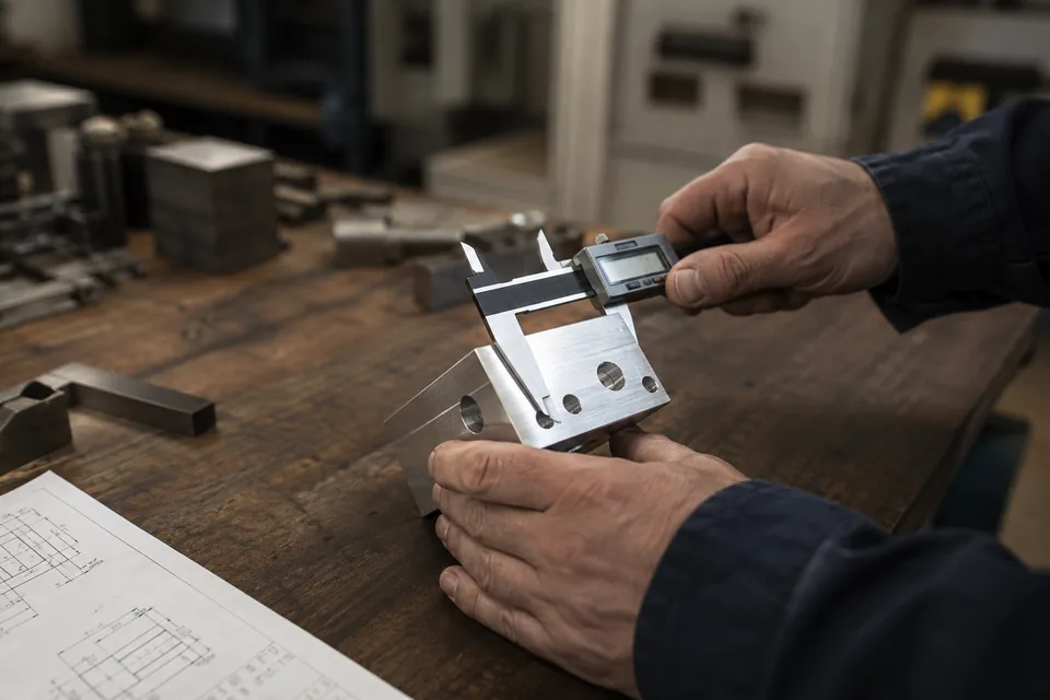 Hände messen ein Metallbauteil mit einem digitalen Messschieber, daneben eine technische Zeichnung.