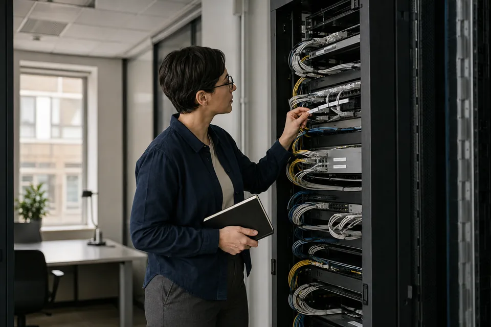 Eine IT-Fachkraft mit Notizbuch prüft die Verkabelung in einem Serverschrank.
