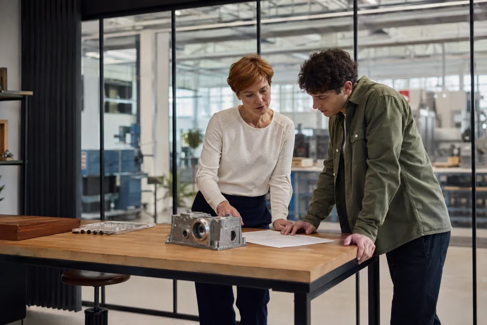 Zwei Fachkräfte prüfen gemeinsam ein technisches Bauteil an einem Arbeitstisch